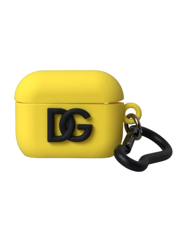 Yellow silicone AirPods case with embossed Dolce & Gabbana logo, designed to protect and personalize your wireless earbuds.
