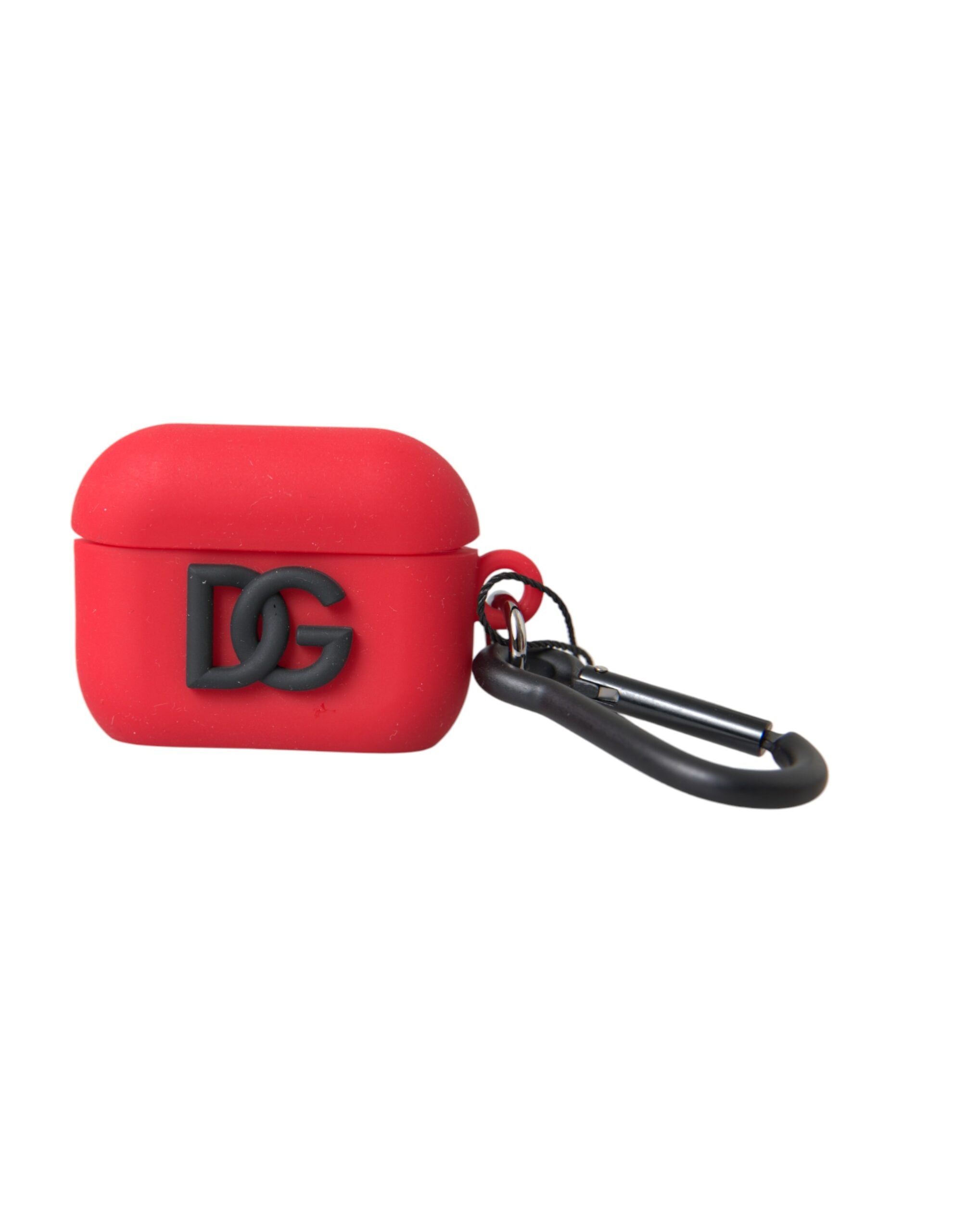 Red silicone rubber AirPods case with embossed Dolce & Gabbana logo, designed to protect and style your wireless earbuds.