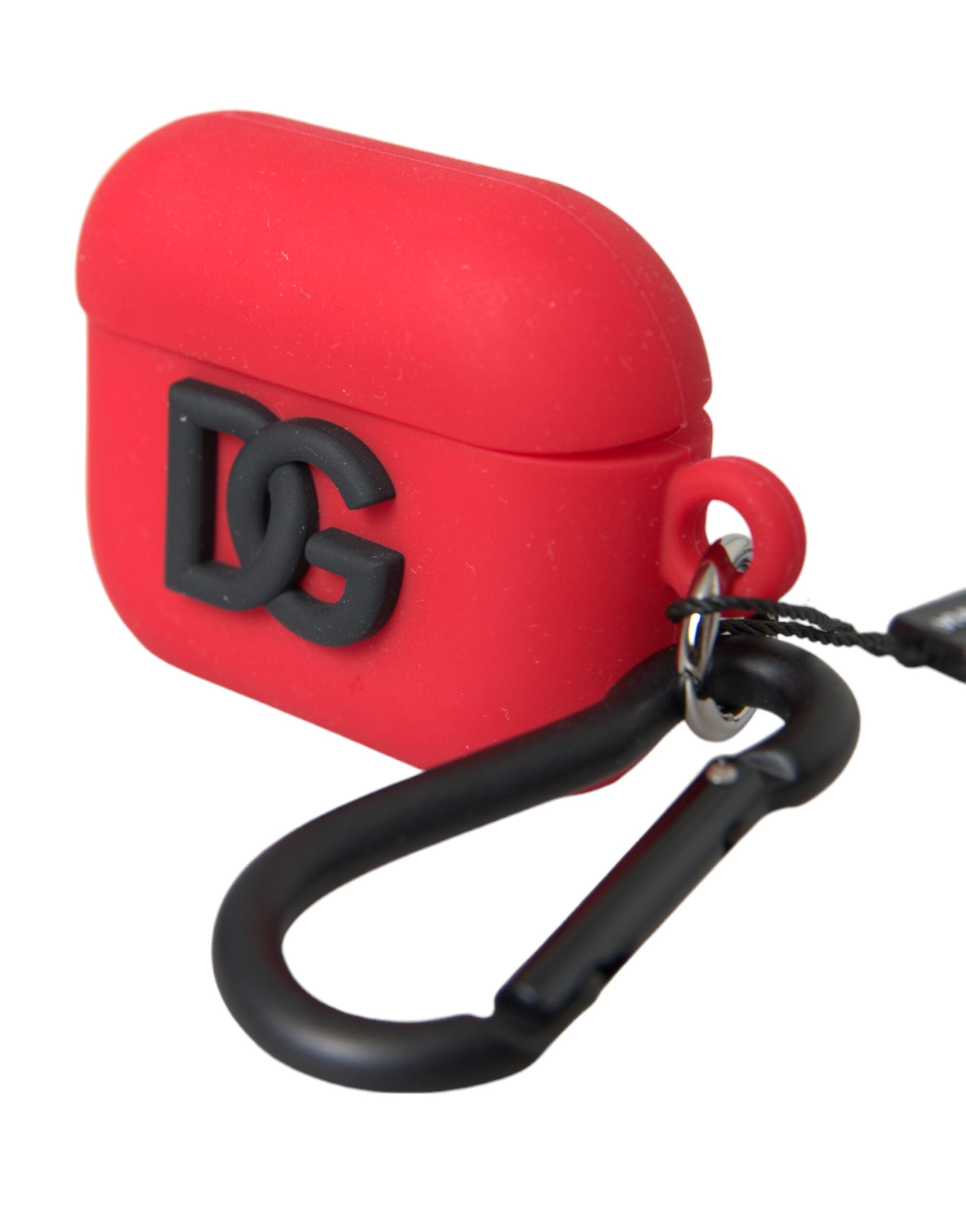 Red silicone rubber AirPods case with embossed Dolce & Gabbana logo on the front, designed for protection and style.
