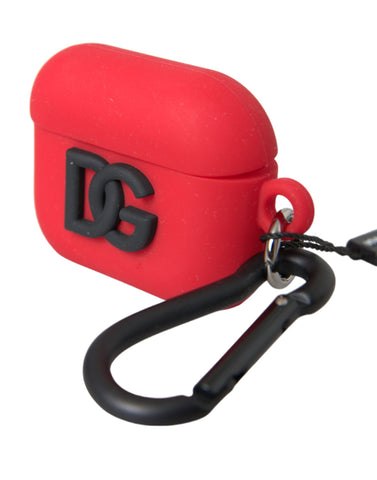 Red silicone rubber AirPods case with embossed Dolce & Gabbana logo on the front, designed for protection and style.