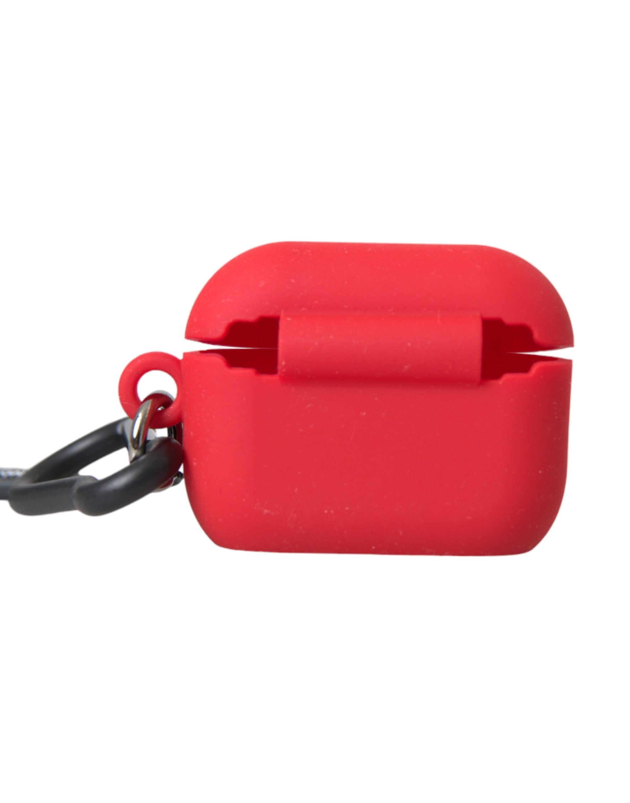 Red silicone rubber AirPods case with embossed Dolce & Gabbana logo, featuring a sleek, protective design.