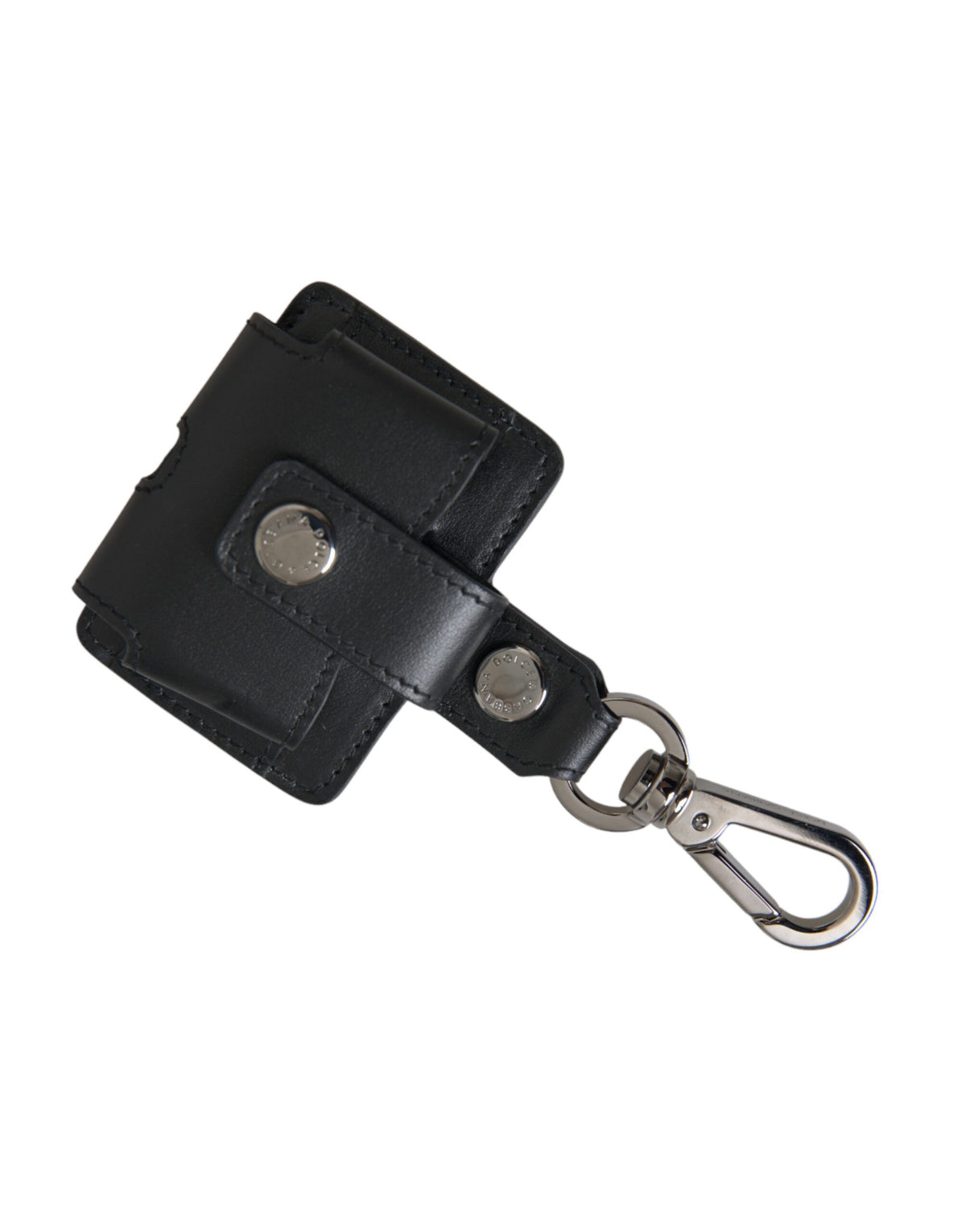 Black plain leather AirPods case with silver metal accents by Dolce & Gabbana, showcasing a sleek, minimalist design.