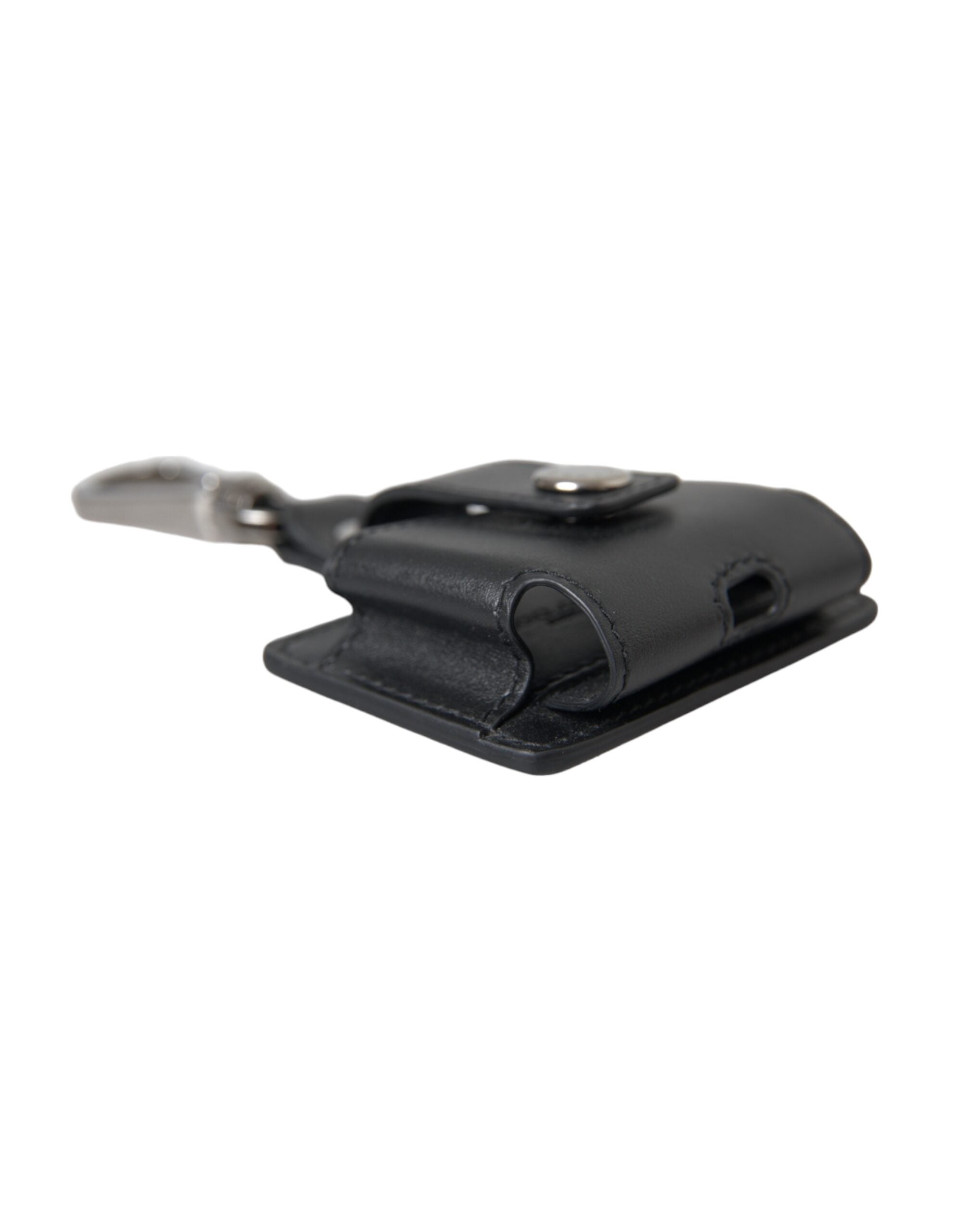 Black plain leather AirPods case with silver metal accents by Dolce & Gabbana, showing the sleek, minimalist design.
