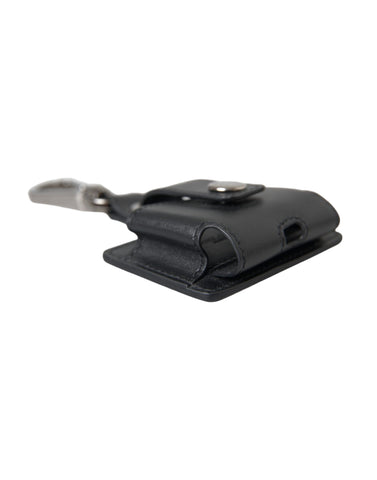 Black plain leather AirPods case with silver metal accents by Dolce & Gabbana, showing the sleek, minimalist design.