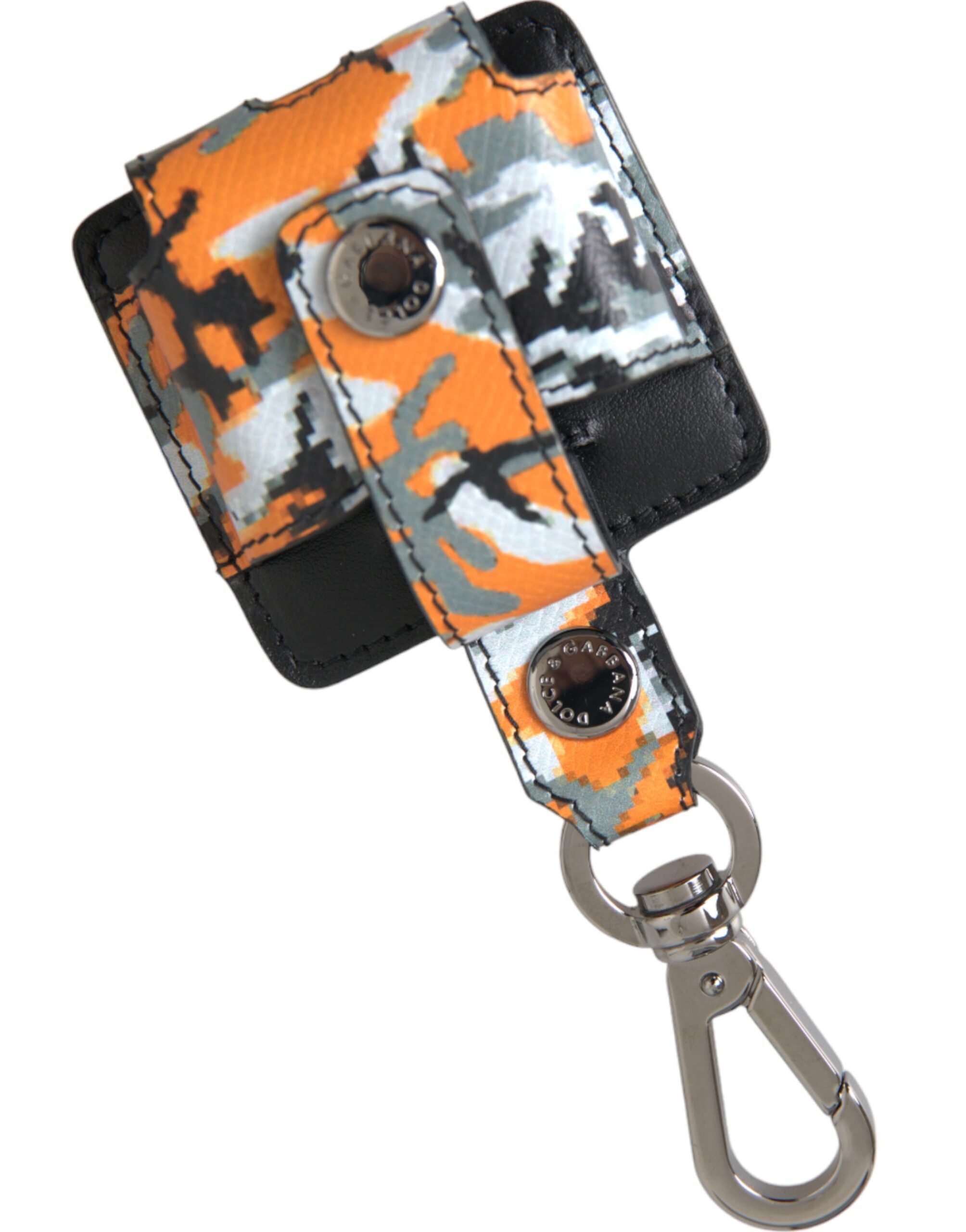 Multicolor camouflage print leather AirPods case by Dolce & Gabbana featuring metal accents and vibrant design.