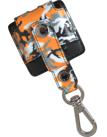 Multicolor camouflage print leather AirPods case by Dolce & Gabbana featuring metal accents and vibrant design.