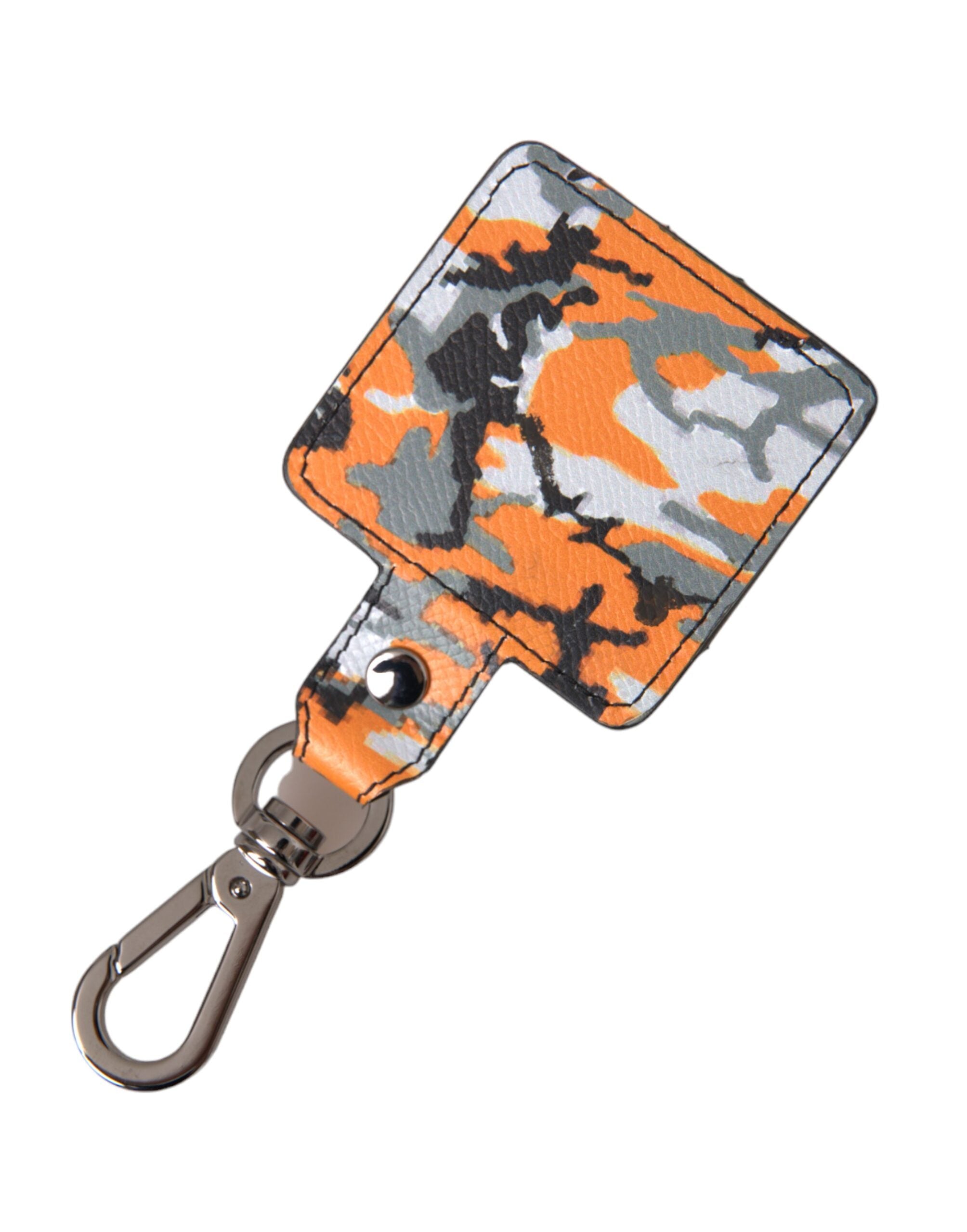 Multicolor camouflage print leather Airpods case by Dolce & Gabbana with metal accents, designed for protection and style.