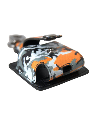 Multicolor camouflage print leather AirPods case by Dolce & Gabbana with metal accents, designed to protect and style your AirPods.