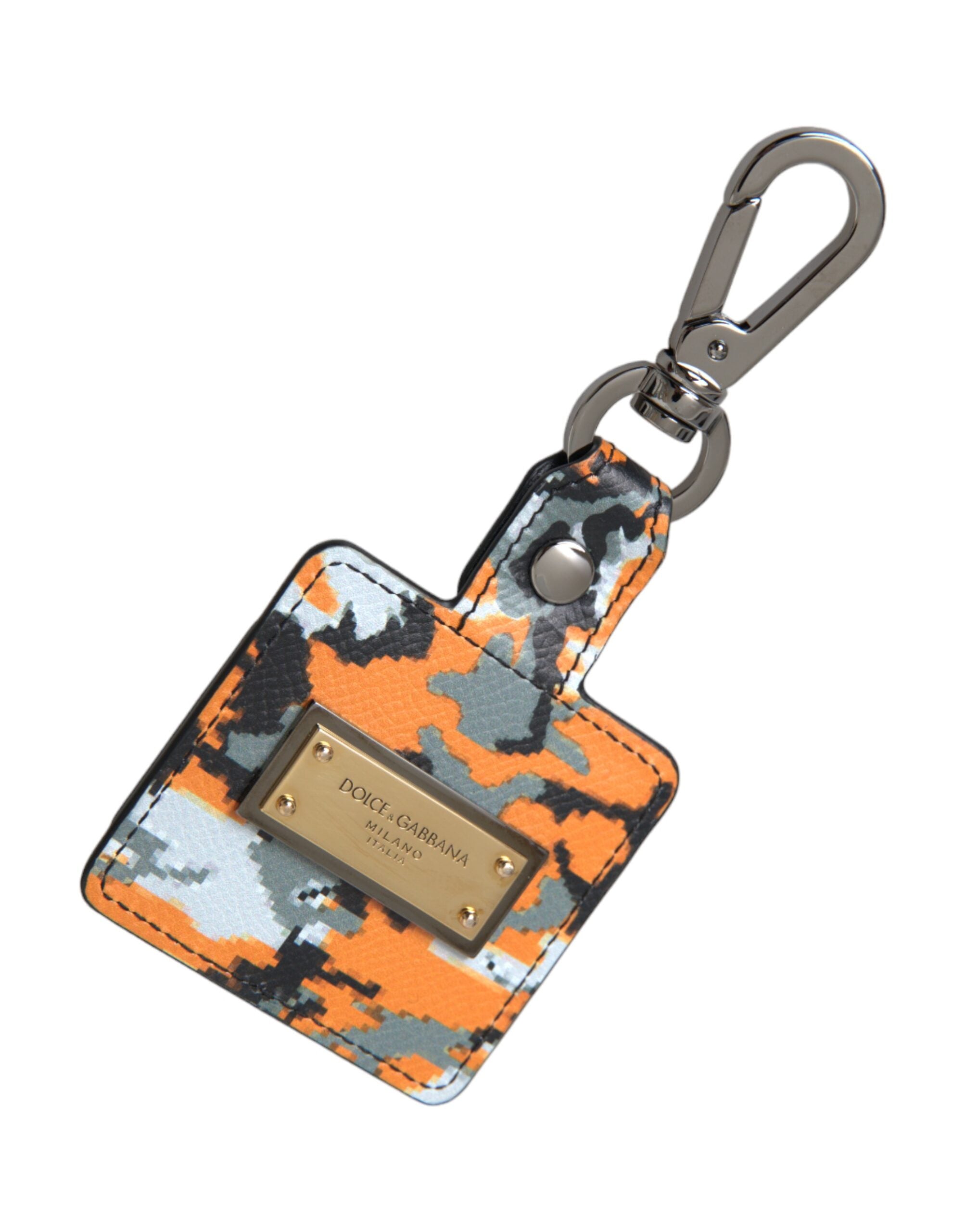 Multicolor camouflage print leather AirPods case with Dolce & Gabbana logo and metal accents.