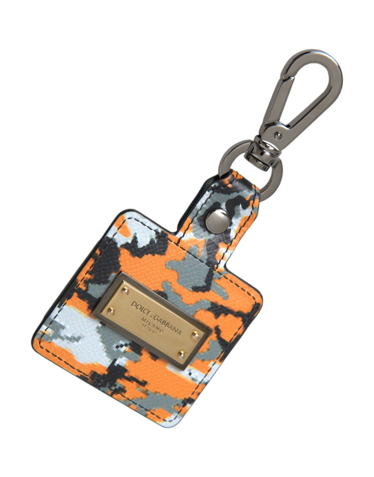 Multicolor camouflage print leather AirPods case with Dolce & Gabbana logo and metal accents.
