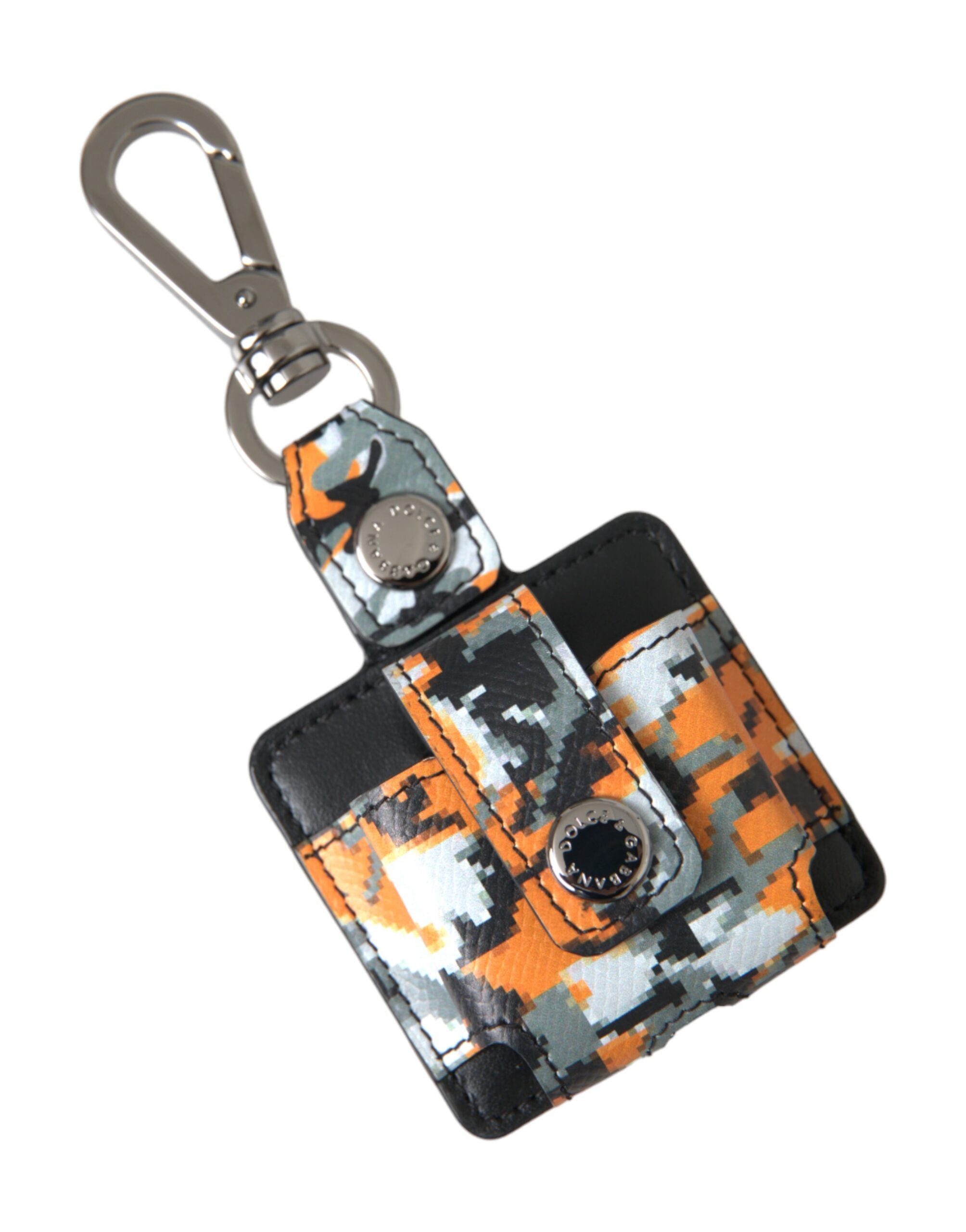 Multicolor camouflage leather AirPods case with Dolce & Gabbana logo and metal accents.