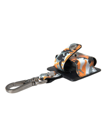 Multicolor camouflage print leather AirPods case with Dolce & Gabbana logo and metal accents.