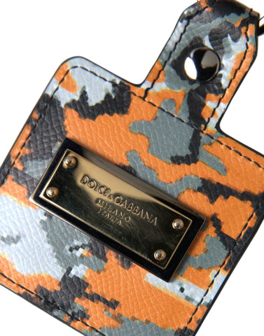 Multicolor camouflage print leather AirPods case with Dolce & Gabbana logo and metal accents, designed for protection and style.