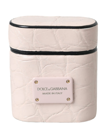 Light pink leather AirPods case with metal logo plaque by Dolce & Gabbana, featuring a sleek and stylish design.