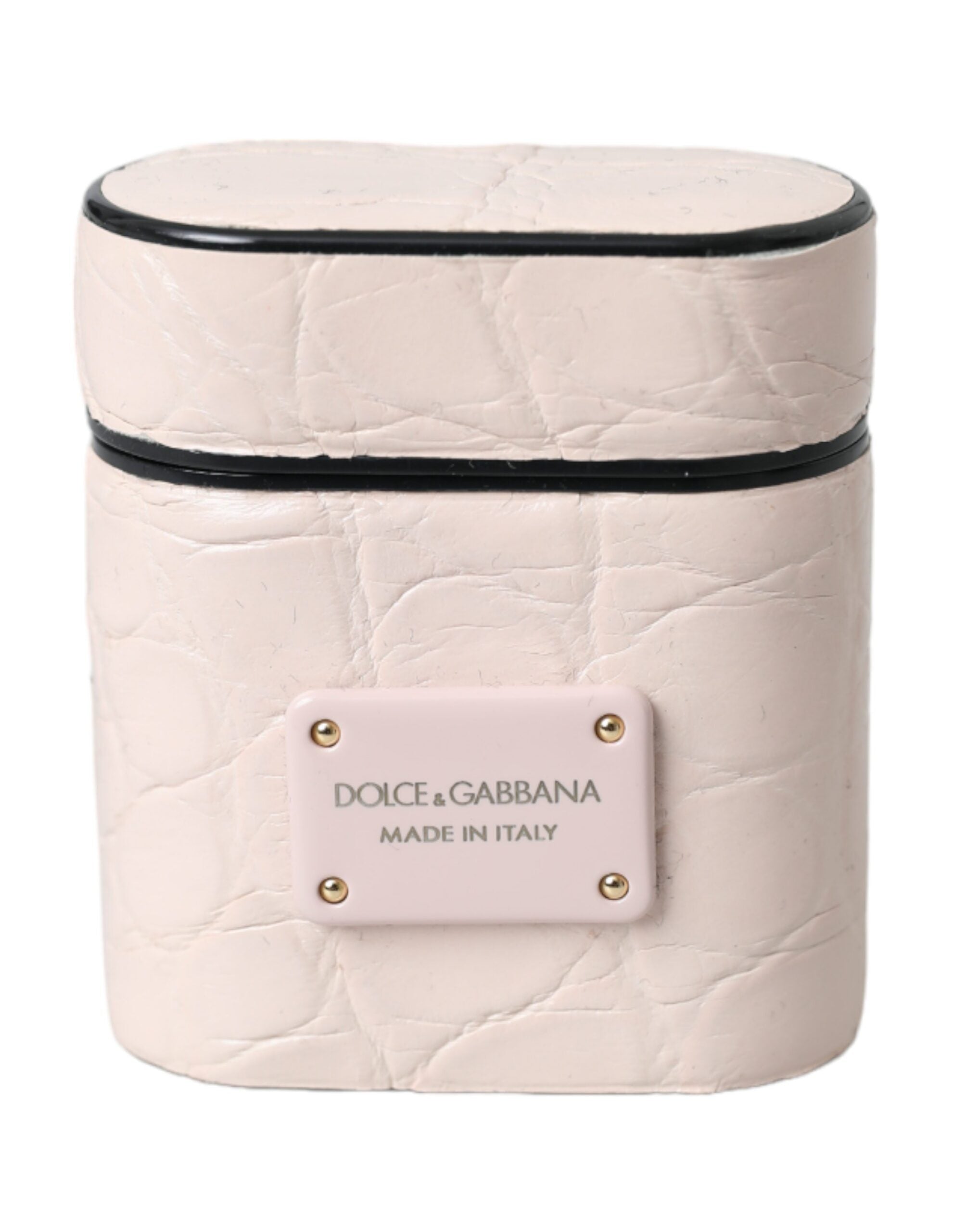 Light pink leather AirPods case with metal logo plaque by Dolce & Gabbana, showcasing smooth texture and elegant design.