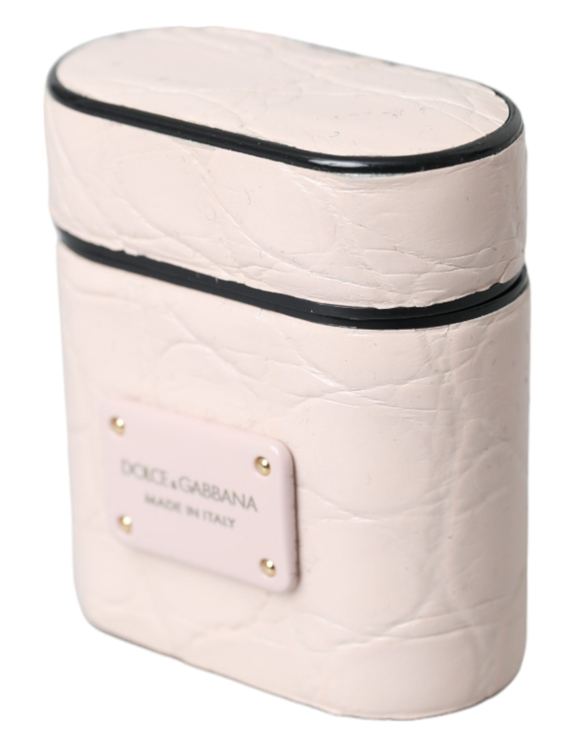 Light pink leather AirPods case with metal Dolce & Gabbana logo plaque, stylish protective accessory for wireless earbuds.