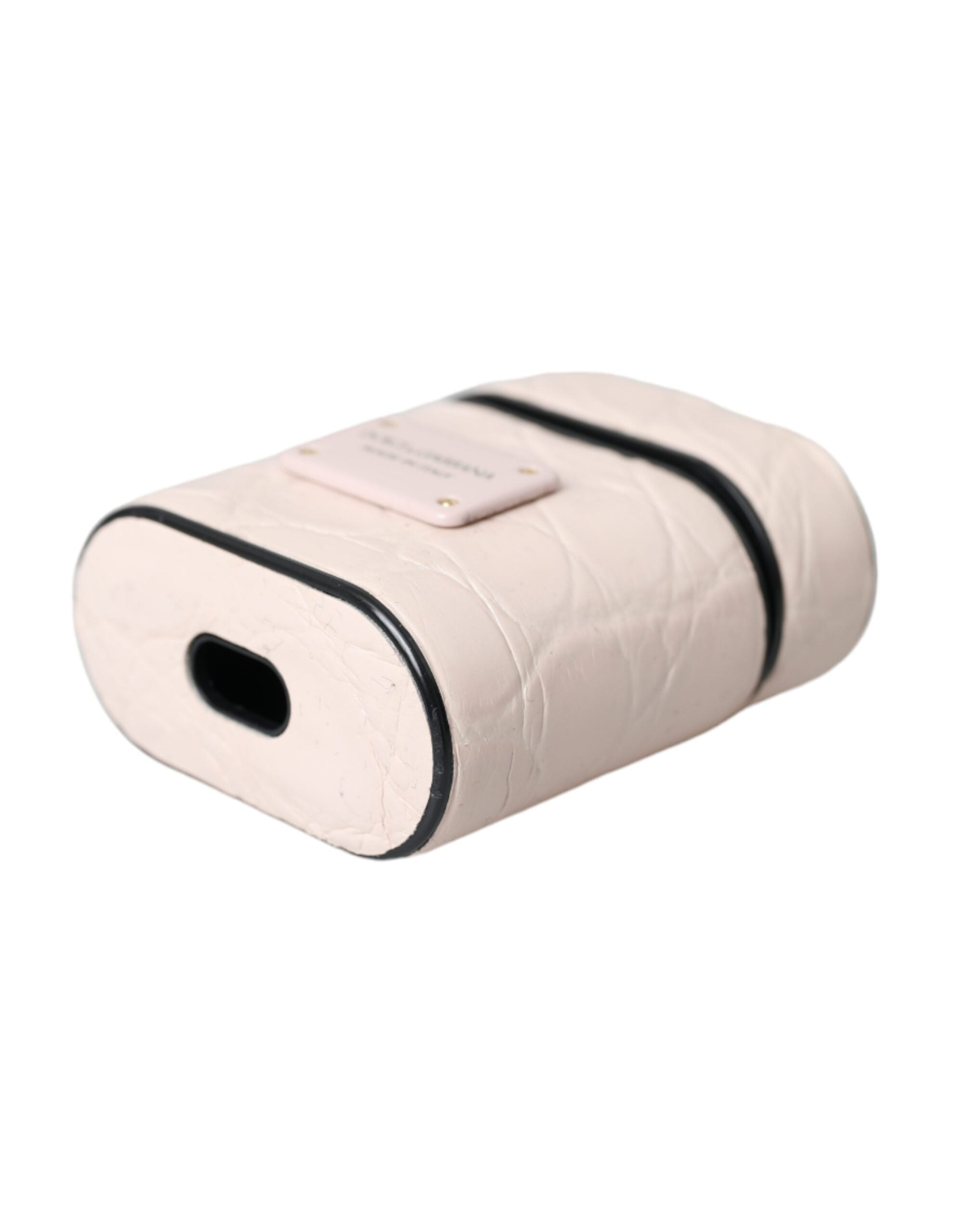 Light pink leather AirPods case with metal Dolce & Gabbana logo plaque, designed for stylish protection.