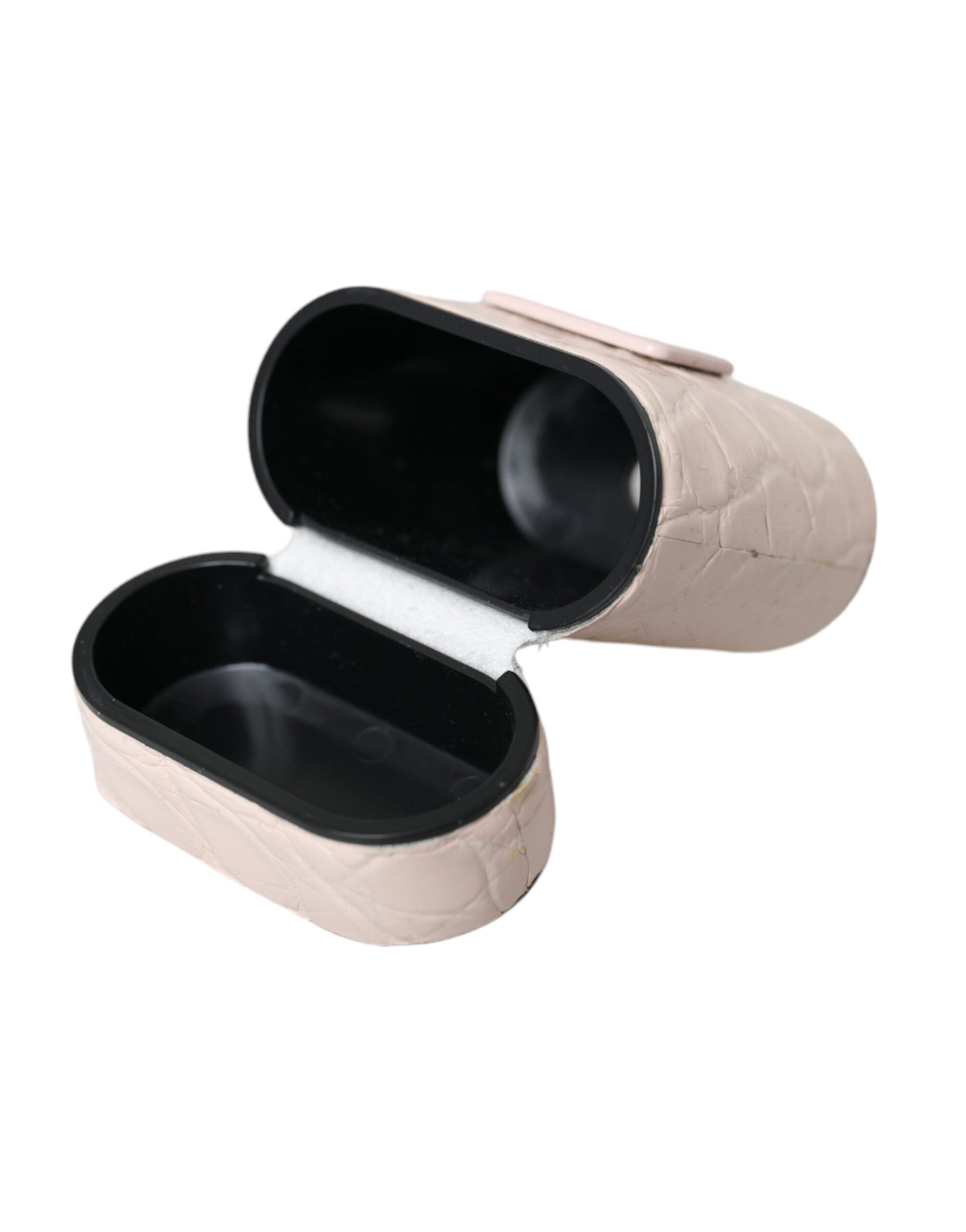 Light pink leather AirPods case with metal logo plaque by Dolce & Gabbana, featuring a sleek, compact design.