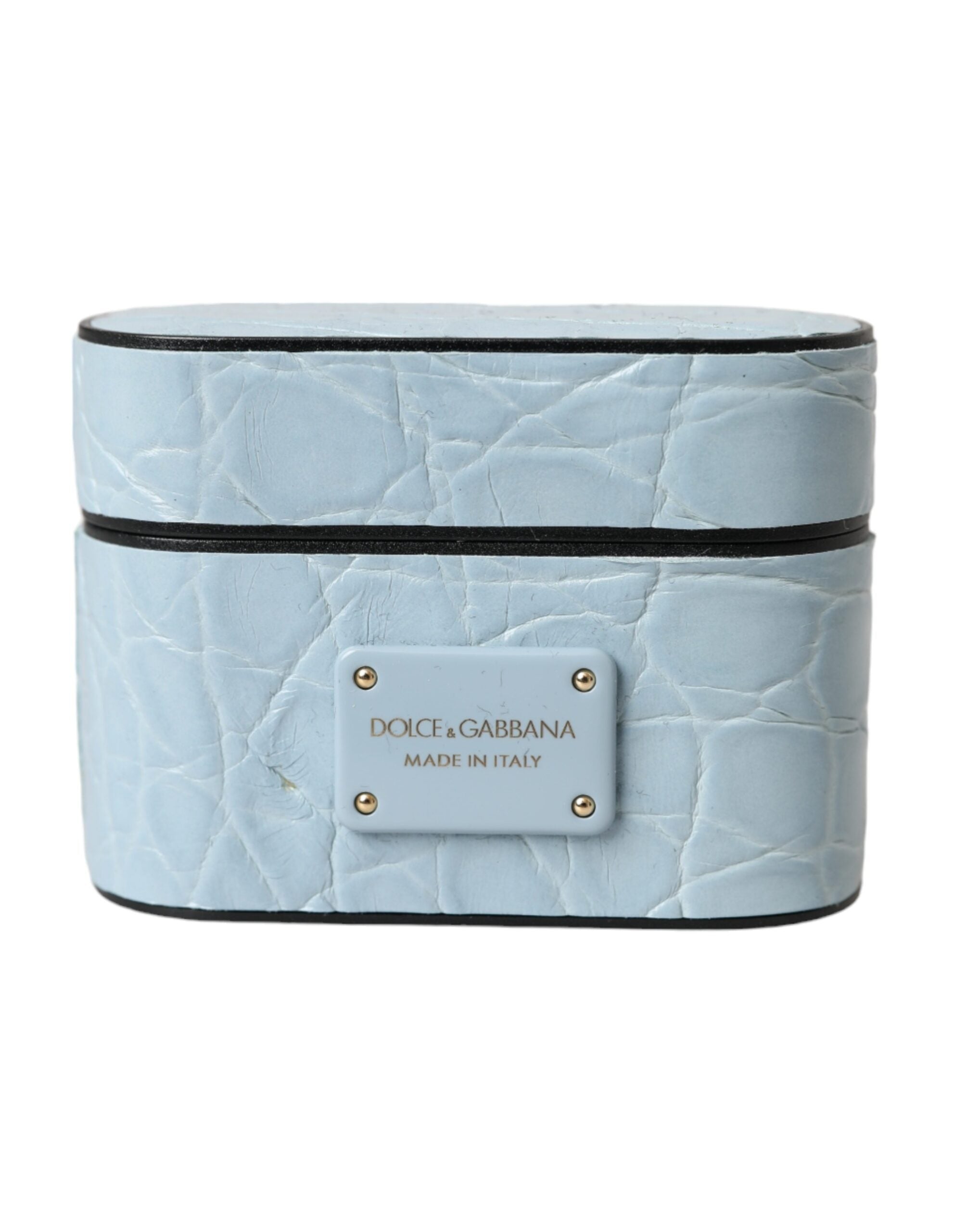 Light blue leather AirPods case with metal logo plaque by Dolce & Gabbana, featuring a sleek and stylish design.