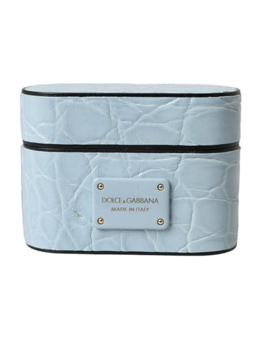 Light blue leather AirPods case with metal logo plaque by Dolce & Gabbana, featuring a sleek and stylish design.
