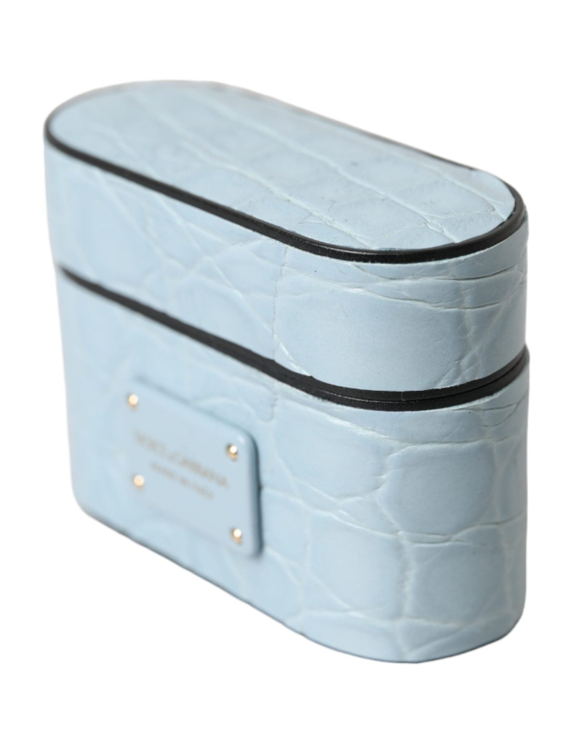 Light blue leather AirPods case with metal Dolce & Gabbana logo plaque, stylish protective case for wireless earbuds.
