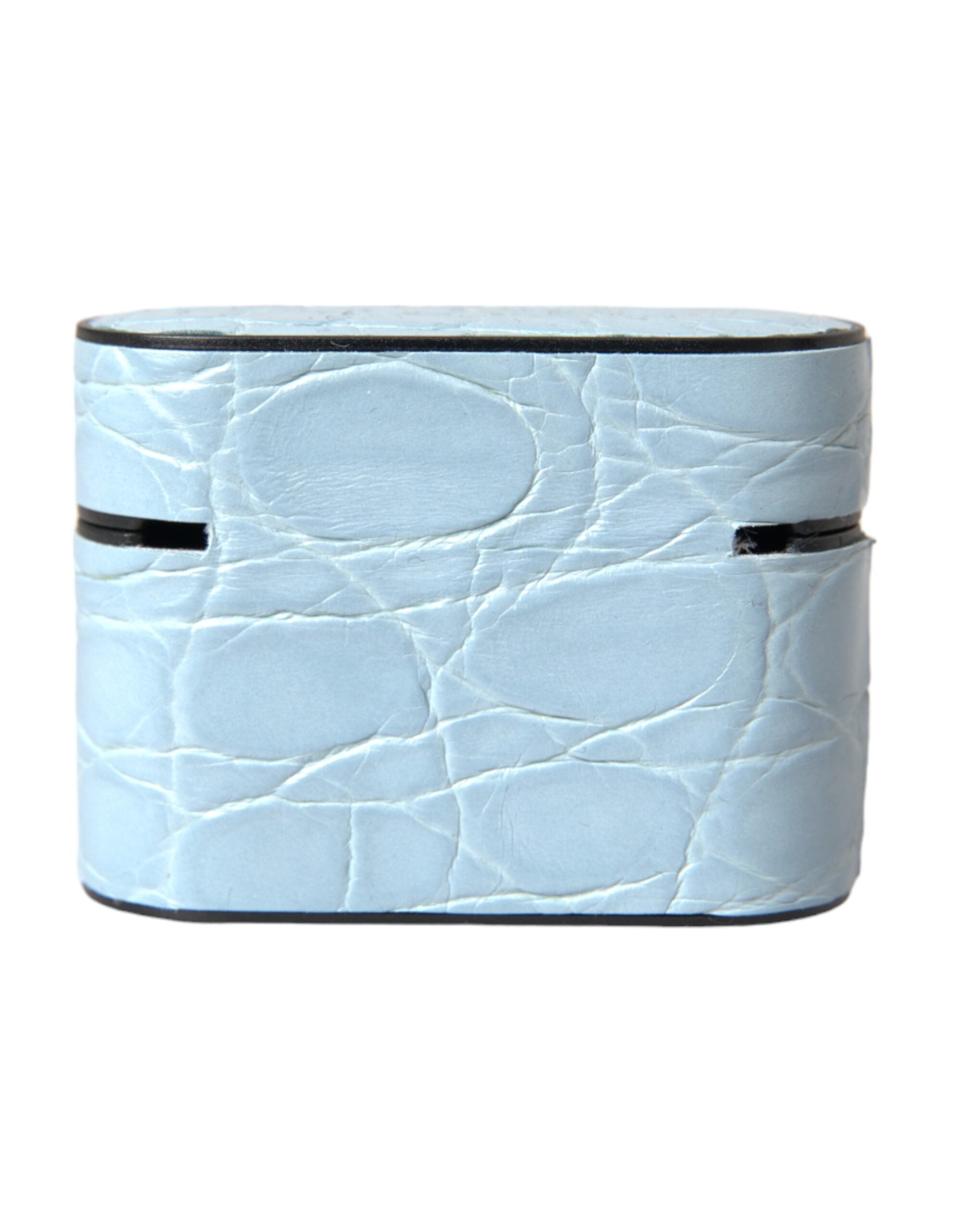 Light blue leather AirPods case with metal logo plaque by Dolce & Gabbana, featuring a sleek, stylish protective cover.