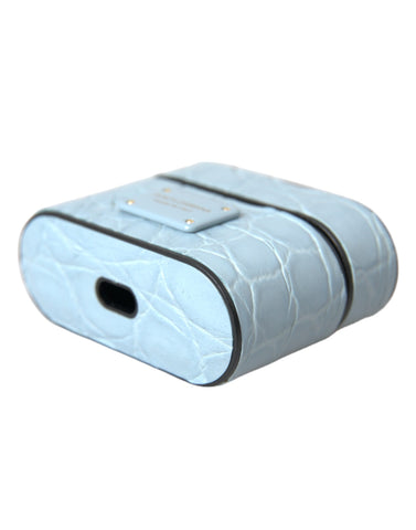 Light blue leather AirPods case with metal logo plaque by Dolce & Gabbana, featuring a sleek, stylish design.