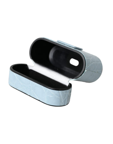 Light blue leather AirPods case with metal logo plaque by Dolce & Gabbana, featuring a sleek, stylish design.