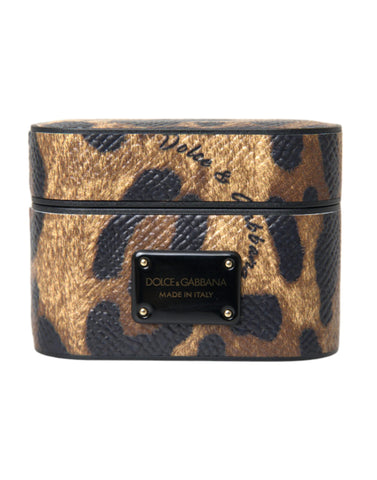 Brown leopard print calf leather AirPods case with metal logo plaque by Dolce & Gabbana, featuring a sleek and stylish design.
