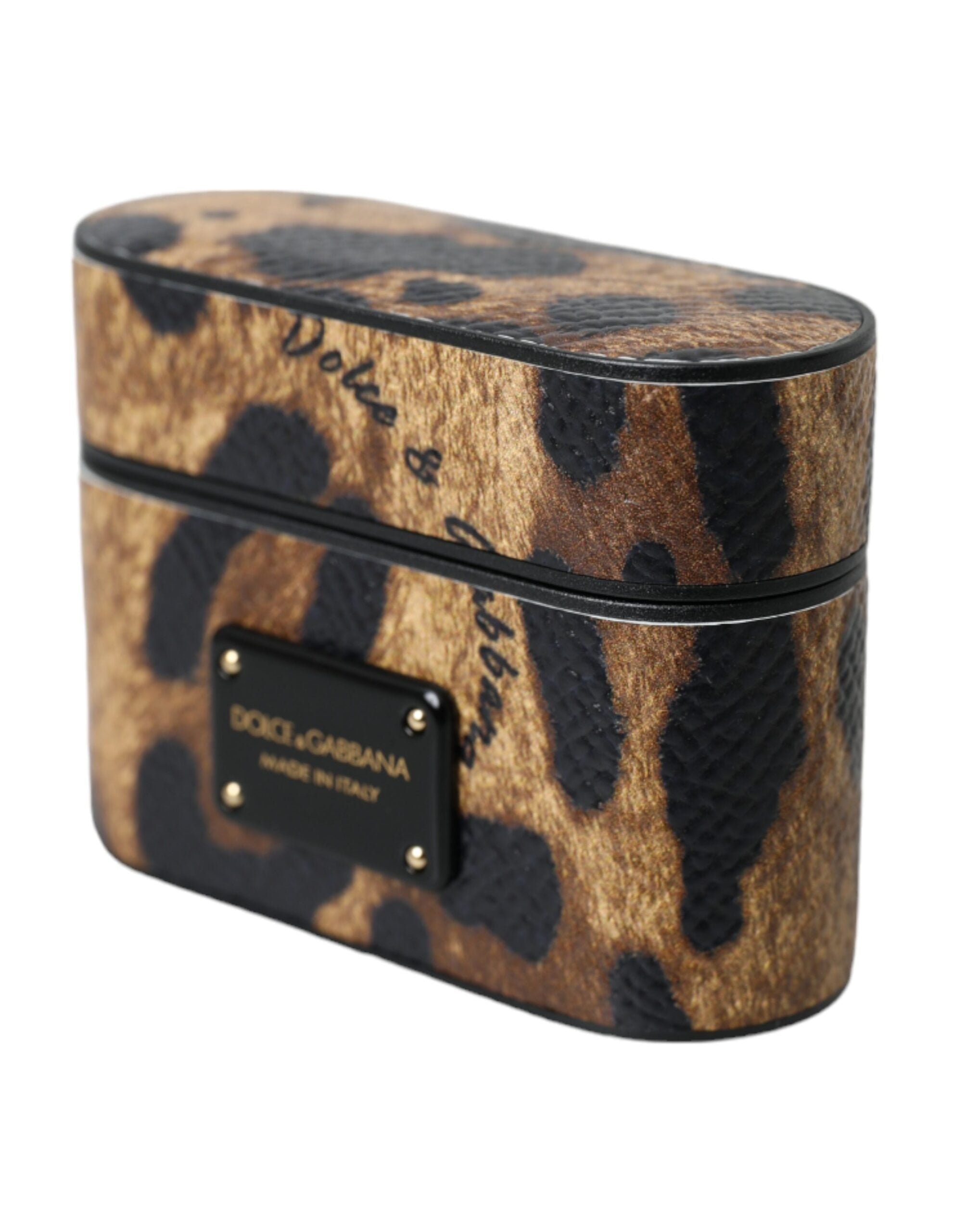 Brown leopard calf leather AirPods case with metal logo plaque by Dolce & Gabbana, featuring a stylish and protective design.