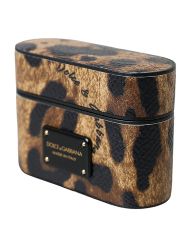 Brown leopard calf leather AirPods case with metal logo plaque by Dolce & Gabbana, featuring a stylish and protective design.