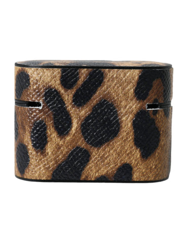 Brown leopard calf leather AirPods case with metal logo plaque by Dolce & Gabbana, featuring a sleek and stylish design.