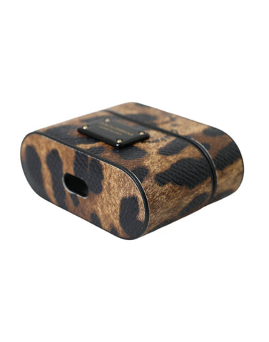 Brown leopard calf leather AirPods case with metal logo plaque by Dolce & Gabbana, featuring a stylish and protective design.