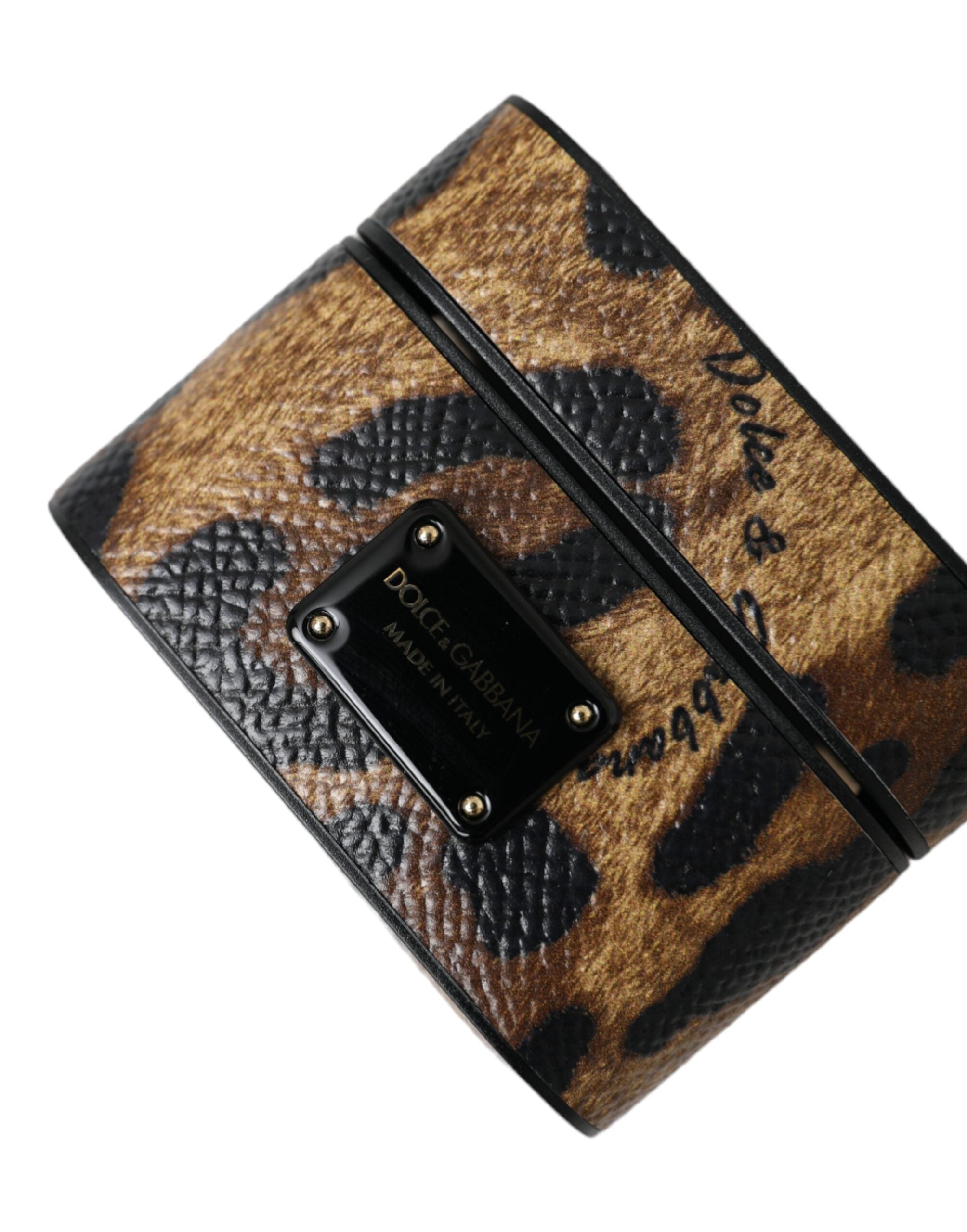 Brown leopard calf leather AirPods case with metal logo plaque by Dolce & Gabbana, showcasing a sleek, stylish design.