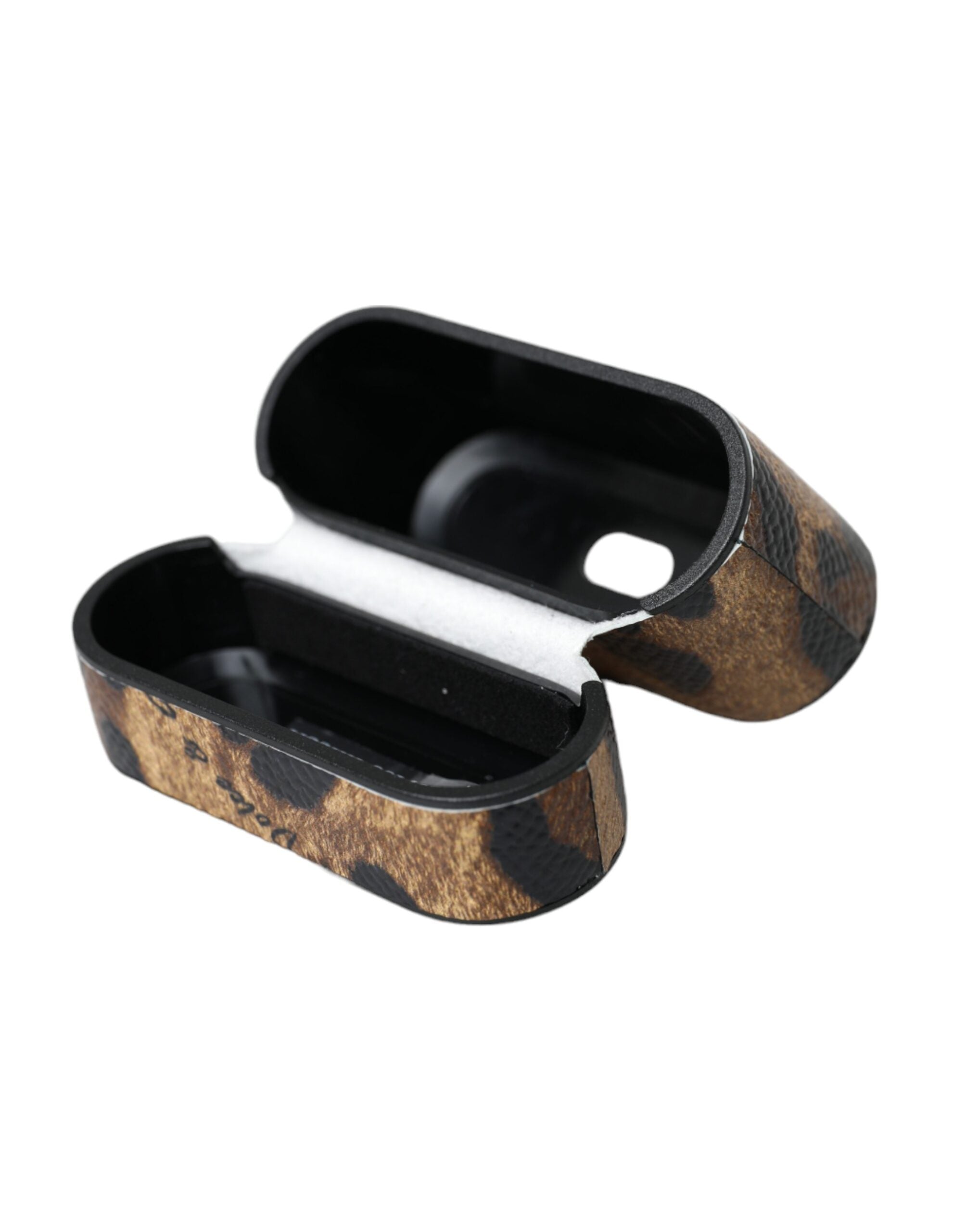 Brown Leopard Calf Leather AirPods case with metal logo plaque by Dolce & Gabbana, featuring a stylish leopard print design.
