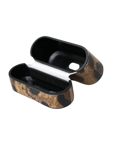 Brown Leopard Calf Leather AirPods case with metal logo plaque by Dolce & Gabbana, featuring a stylish leopard print design.