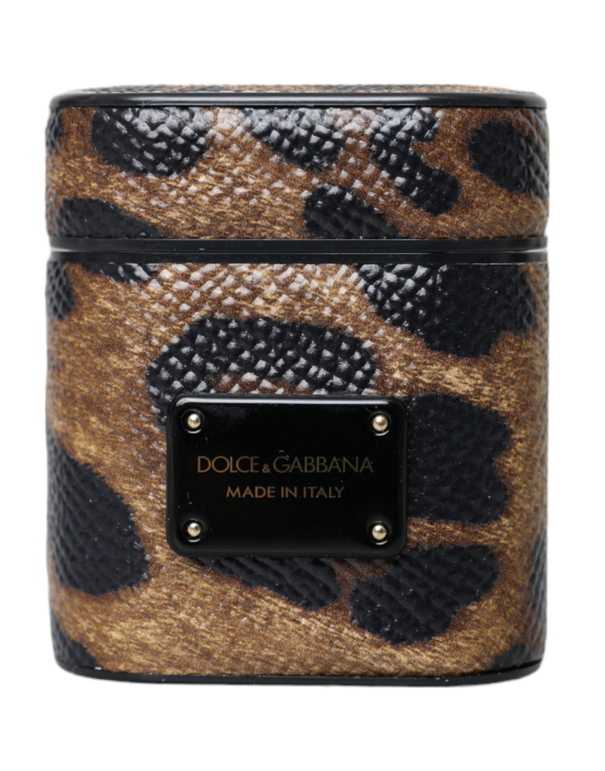 Brown leopard calf leather AirPods case with metal logo plaque by Dolce & Gabbana, featuring a sleek, stylish design.
