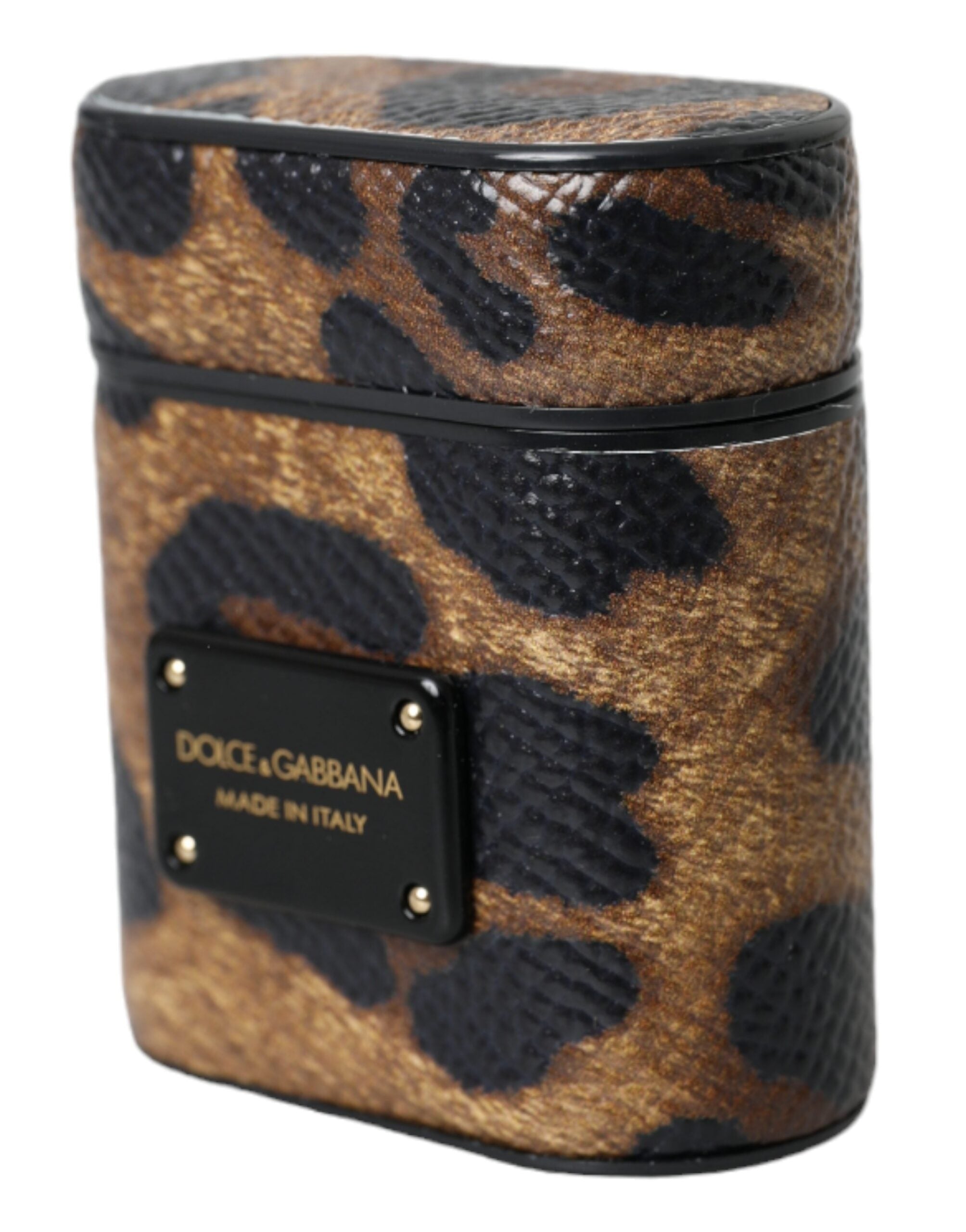 Brown leopard calf leather AirPods case with metal logo plaque by Dolce & Gabbana, featuring a stylish animal print design.