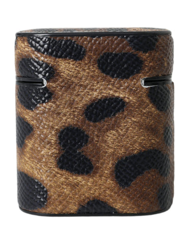 Brown leopard calf leather AirPods case with metal logo plaque by Dolce & Gabbana, featuring a stylish animal print design.