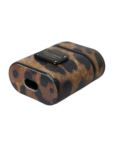 Brown leopard calf leather AirPods case with metal logo plaque by Dolce & Gabbana, featuring a stylish and textured design.