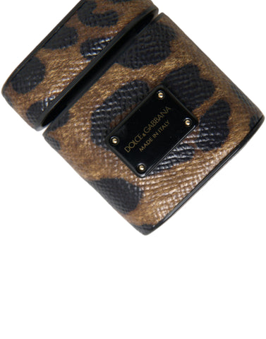Brown leopard print calf leather AirPods case with metal logo plaque by Dolce & Gabbana, featuring a stylish and protective design.