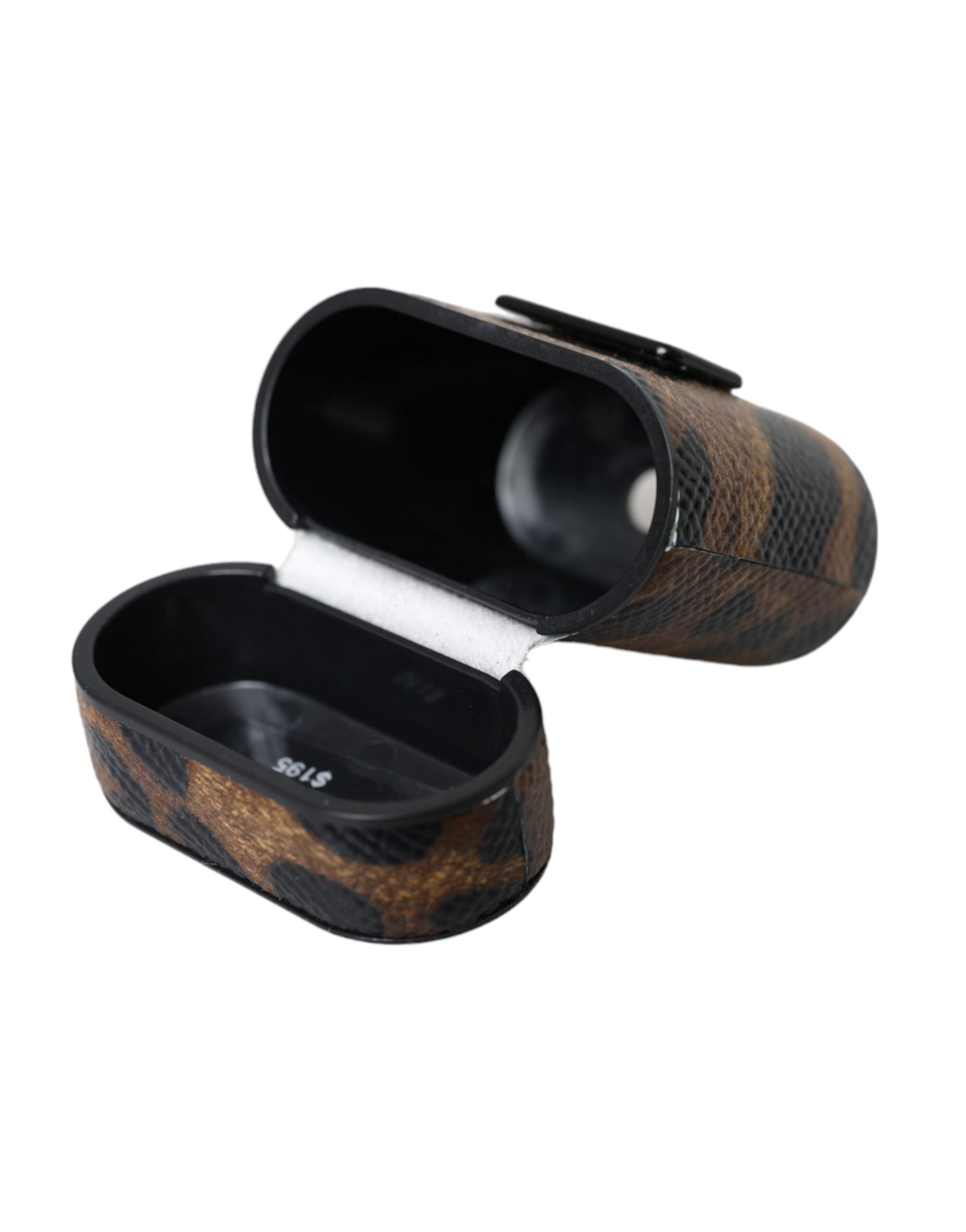 Brown leopard calf leather AirPods case with metal logo plaque by Dolce & Gabbana, featuring a sleek, stylish design.