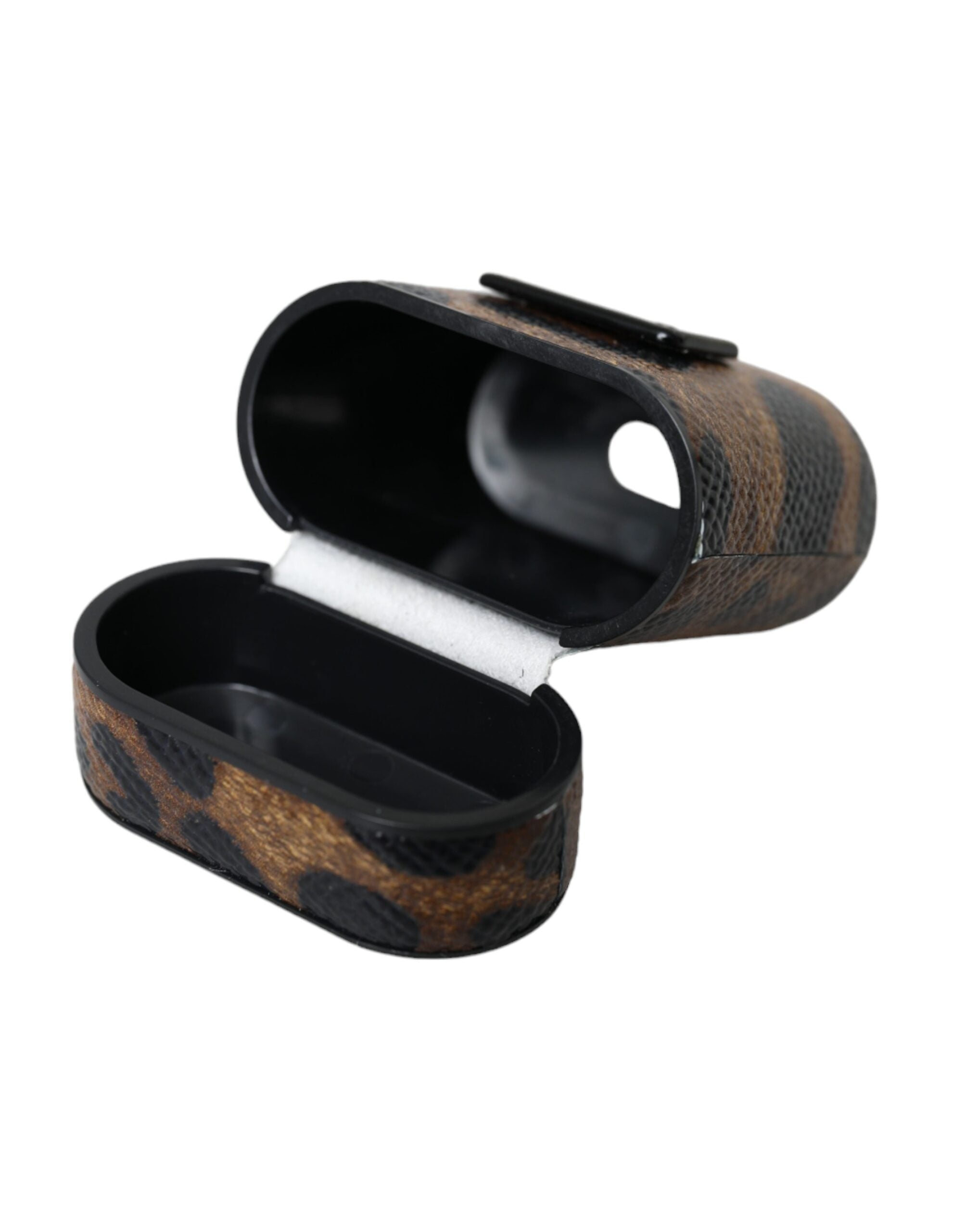 Brown leopard calf leather AirPods case with metal logo plaque by Dolce & Gabbana, featuring a sleek, stylish design.