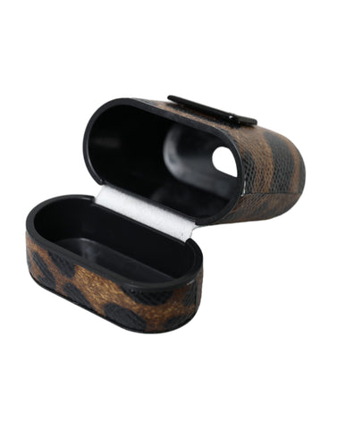 Brown leopard calf leather AirPods case with metal logo plaque by Dolce & Gabbana, featuring a sleek, stylish design.