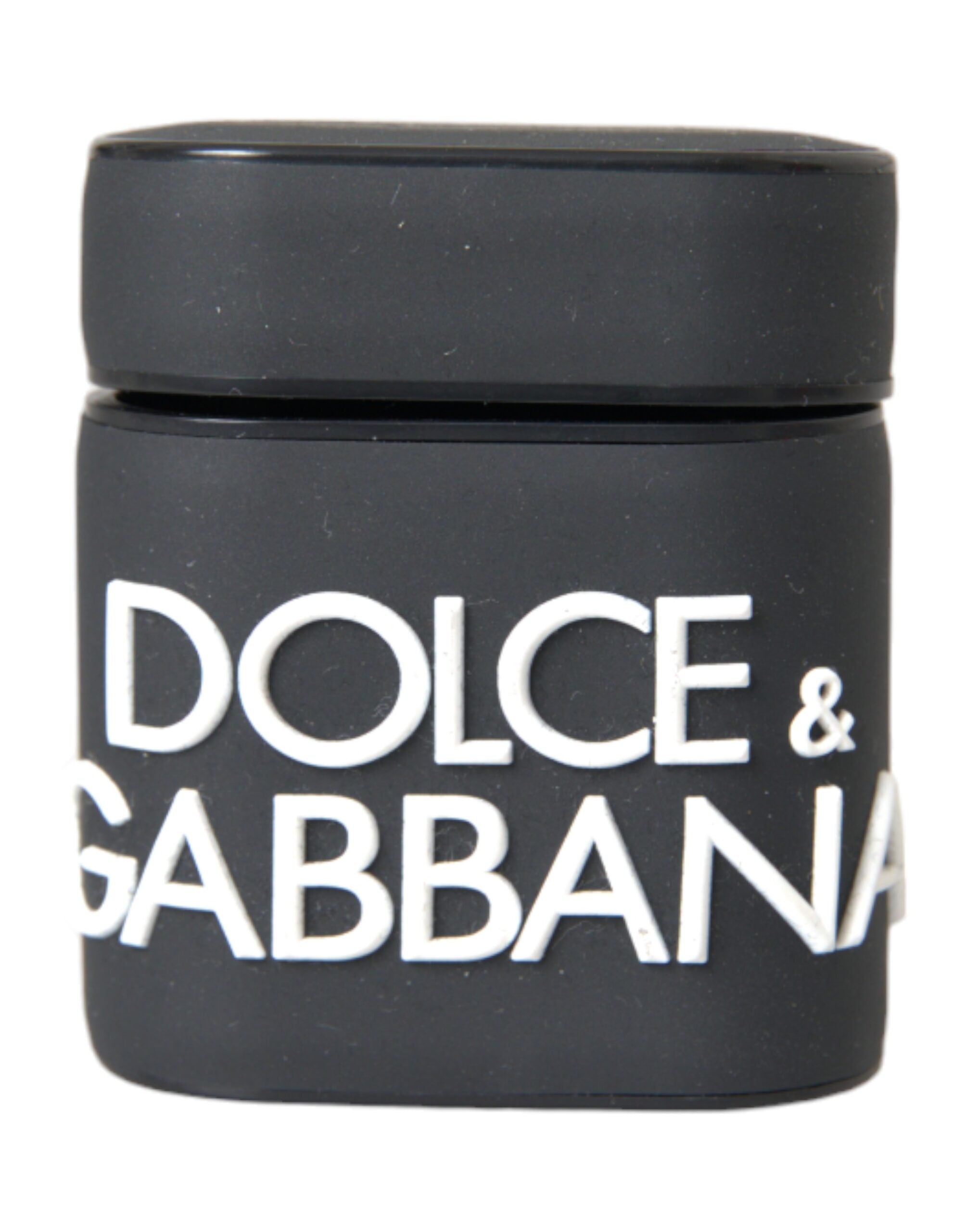 Black and white silicone AirPods case with embossed Dolce & Gabbana logo, designed for protection and style.