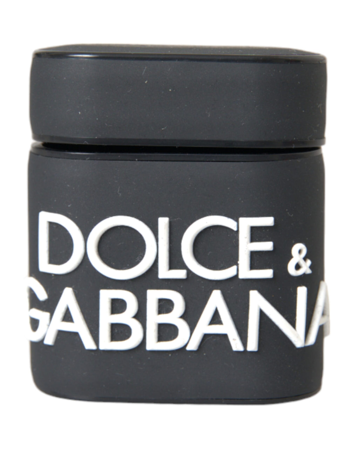 Black and white silicone AirPods case with embossed Dolce & Gabbana logo, designed for protection and style.