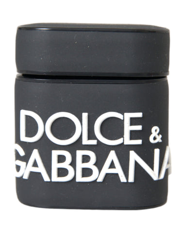 Black and white silicone AirPods case with embossed Dolce & Gabbana logo, designed for protection and style.