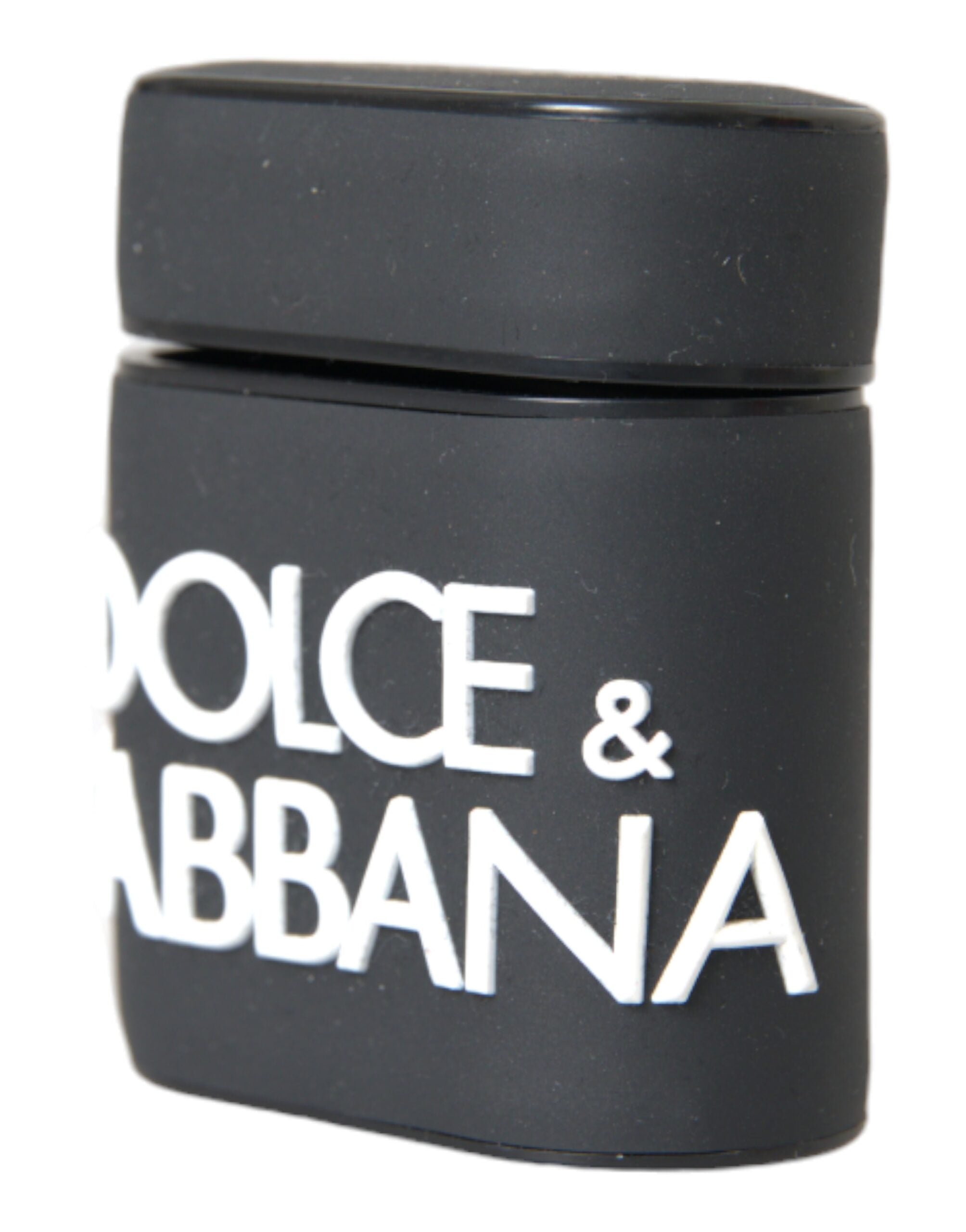 Black and white silicone AirPods case with embossed Dolce & Gabbana logo, designed for protection and style.