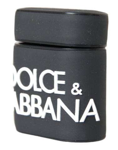 Black and white silicone AirPods case with embossed Dolce & Gabbana logo, designed for protection and style.