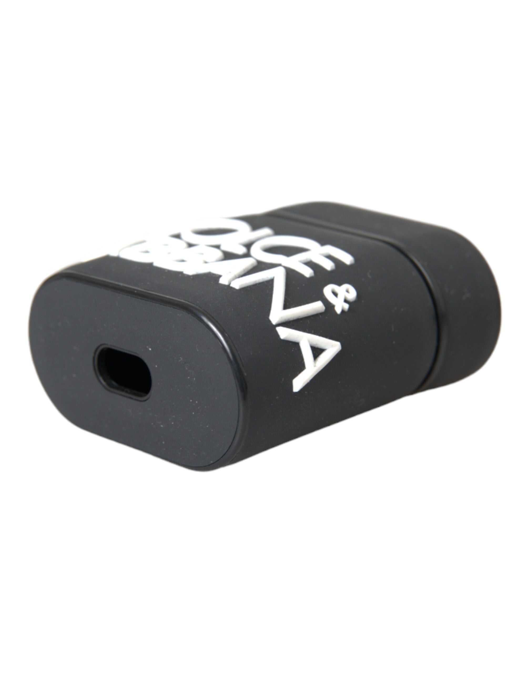 Black and white silicone AirPods case with embossed Dolce & Gabbana logo, designed for Apple AirPods protection.